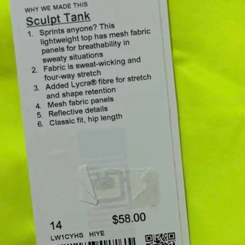 NWT lululemon athletica Sculpt Tank - Neon Yellow